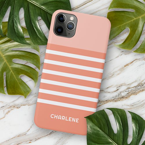Coral Salmon Peach Orange White Stripes Pattern iPhone 11Pro Max Case