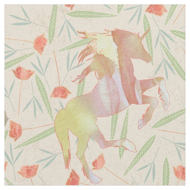 Coral Salmon Yellow Pink Unicorn Pattern Fabric (Close Up)