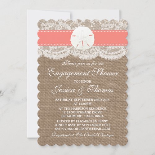 Coral Sand Dollar Beach Engagement Shower Or Party Invitation