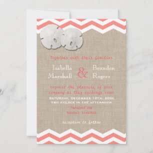 Coral Sand Dollar & Chevron Wedding Invitation