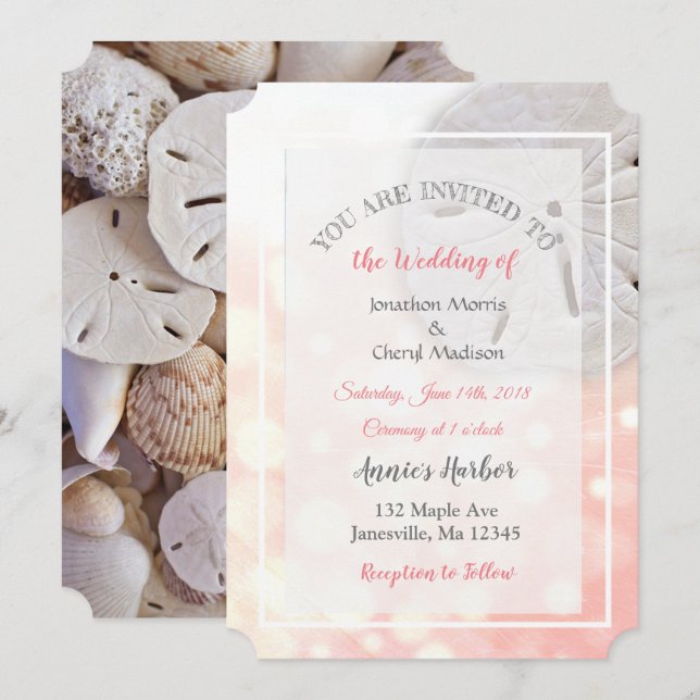 Coral Sand Dollar Themed Wedding Invitations (Front/Back)