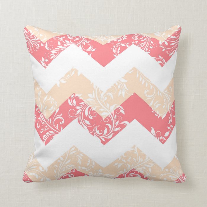 Coral, Sand & White damask chevron throw pillow