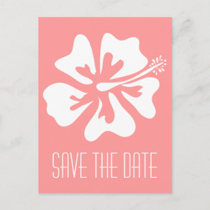 Coral save the date postcards with Hibiscus flower
