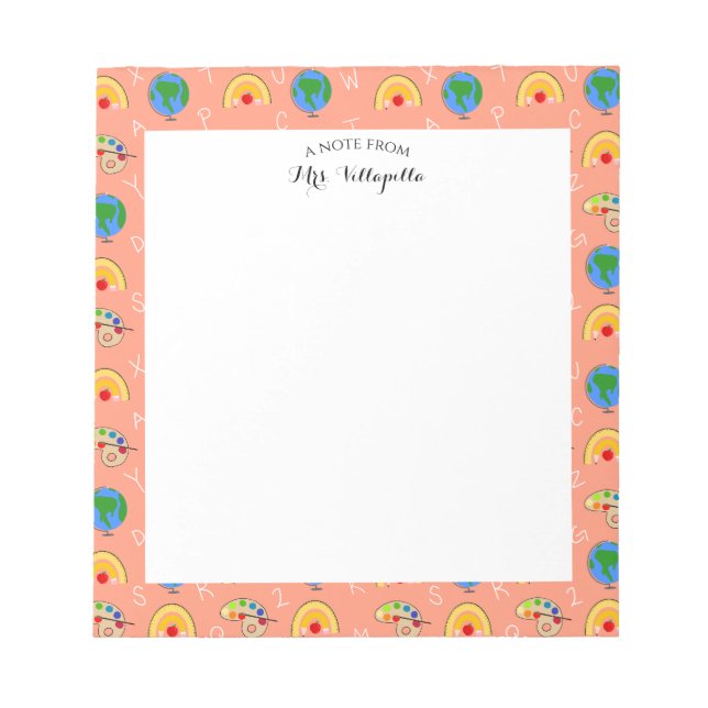 Coral School Supplies and Alphabet Pattern  Notepad (Front)