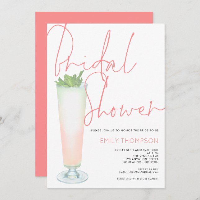 Coral Script Cocktail Bridal Shower Invitation (Front/Back)