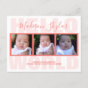 Coral Script Hello World Typography 3 Photo Announcement Postcard