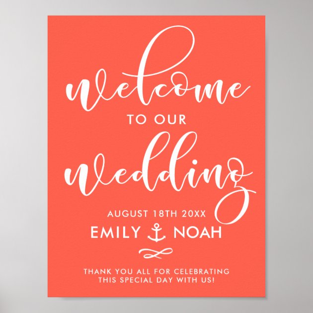 Coral Script Nautical Wedding Welcome Sign Poster