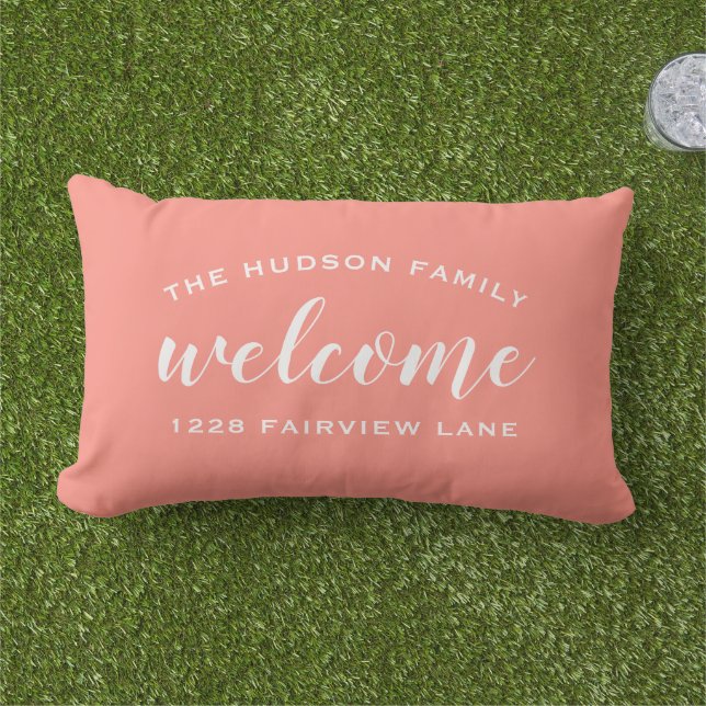 Coral Script Welcome Monogram Porch Lumbar Pillow (Grass)