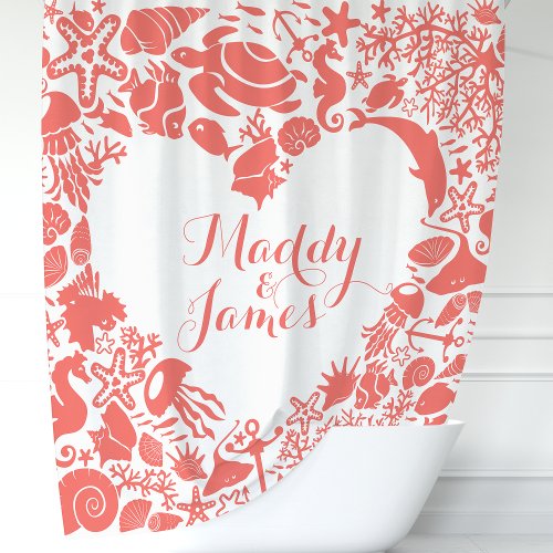 Coral Sea Creatures Heart Couples Monogram Shower Curtain