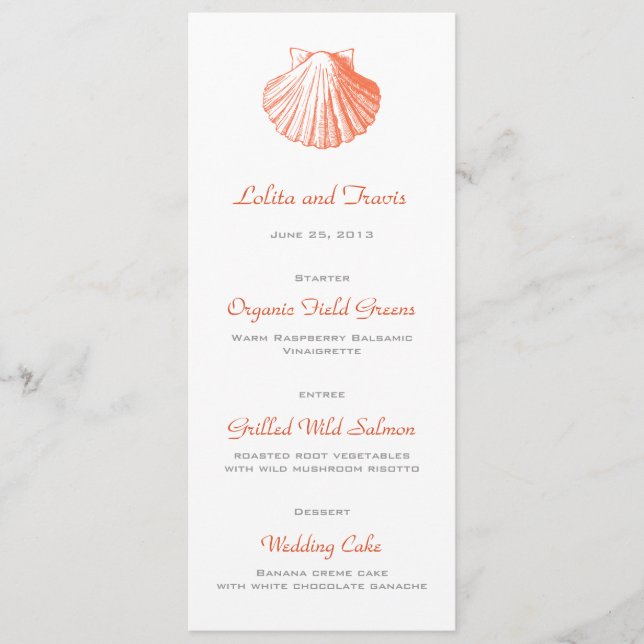 Coral Sea Shell Wedding Menu Card (Front)