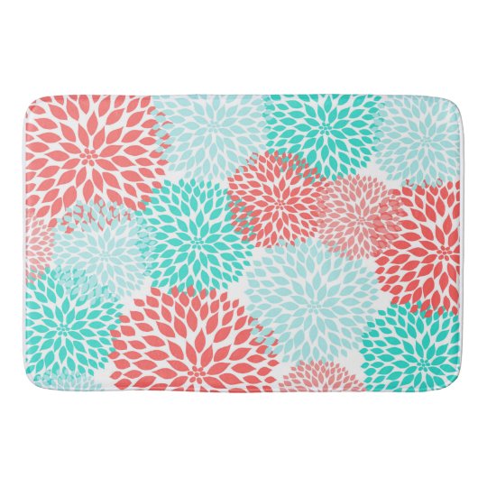 Coral Seafoam Teal Dahlia home decor bath mat