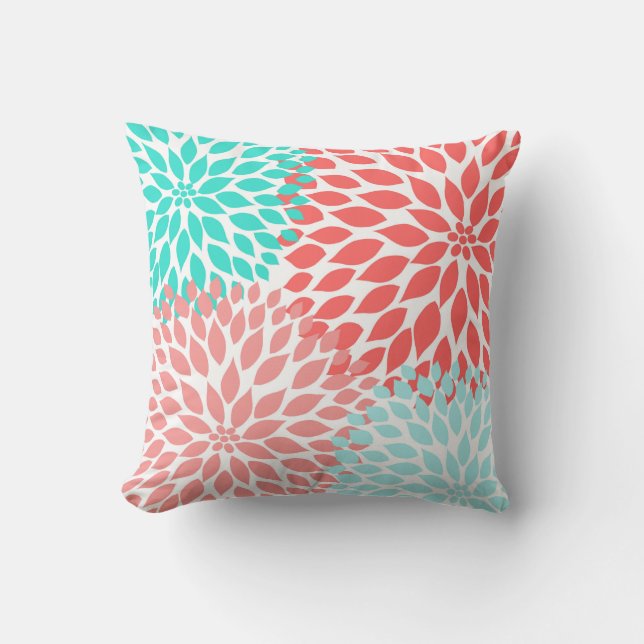 Coral Seafoam Teal Dahlia modern floral decor Throw Pillow (Front)
