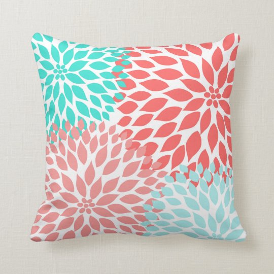 Coral Seafoam Teal Dahlia modern floral decor Throw Pillow