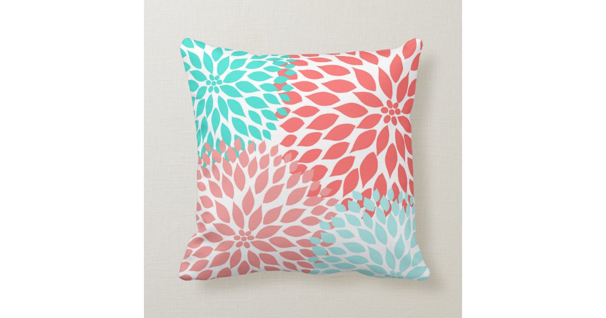 Coral Seafoam Teal Dahlia modern floral decor Throw Pillow