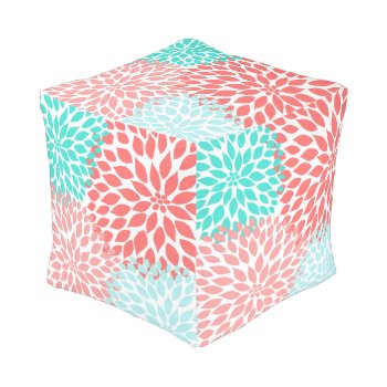 Coral Seafoam Teal Dahlia Modern Floral Ottoman by lemontreecards at Zazzle