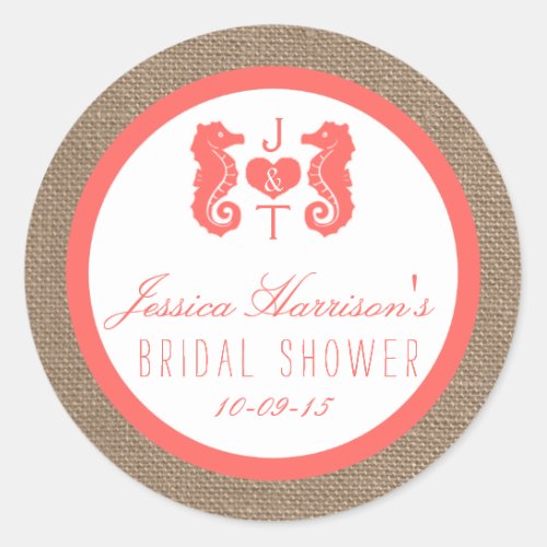 Coral Seahorse Burlap Beach Bridal Shower Stickers