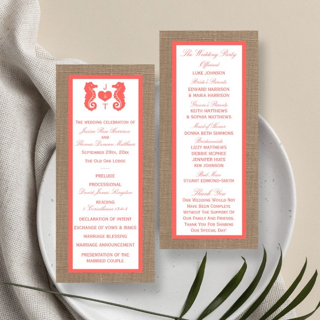 Coral Seahorse Burlap Beach Wedding Program (Creator Uploaded)