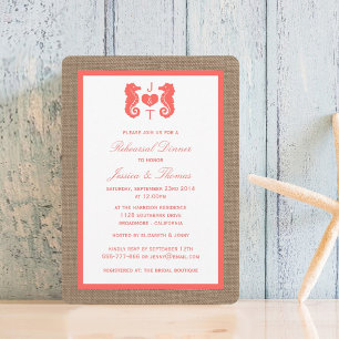 Coral Seahorse On Burlap Beach Rehearsal Dinner Invitation