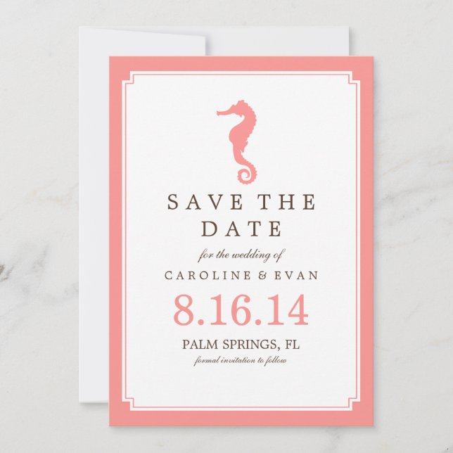 Coral Seahorse Wedding Save the Date (Front)