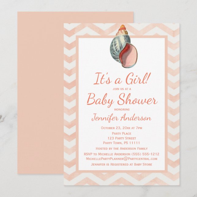 Coral Seashell Baby Shower Girl Boy Invitation (Front/Back)