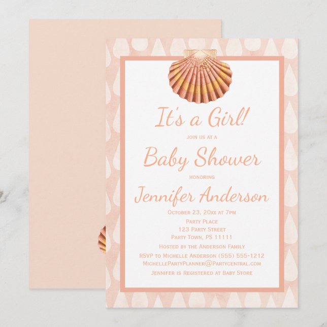 Coral Seashell Baby Shower Invitation (Front/Back)
