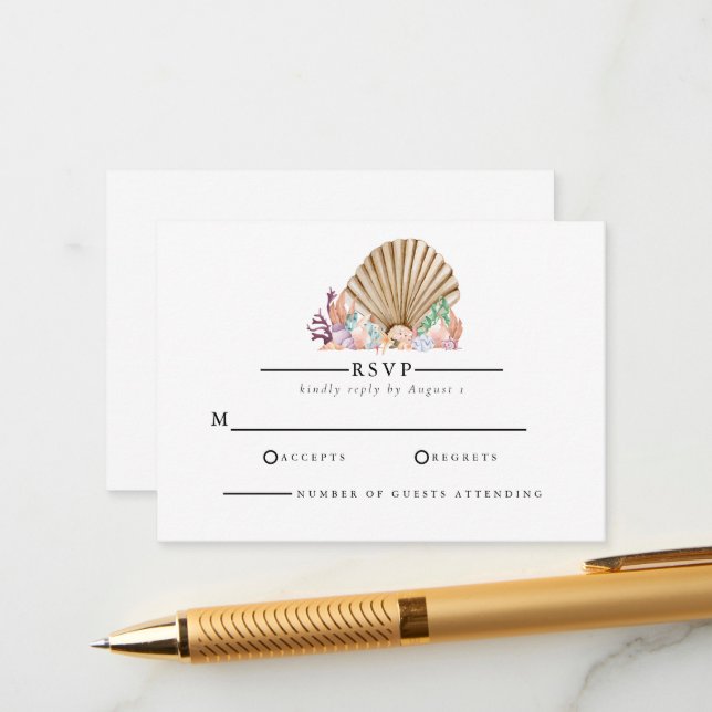 Coral & Seashell beach Wedding Enclosure Card (Front/Back In Situ)