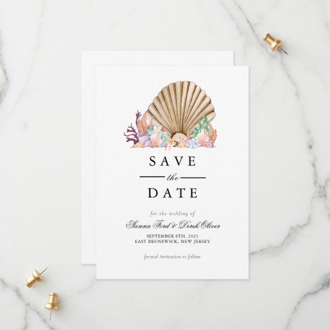 Coral & Seashell beach Wedding Save The Date (Front/Back In Situ)