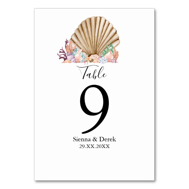 Coral & Seashell beach Wedding Table Number (Front)