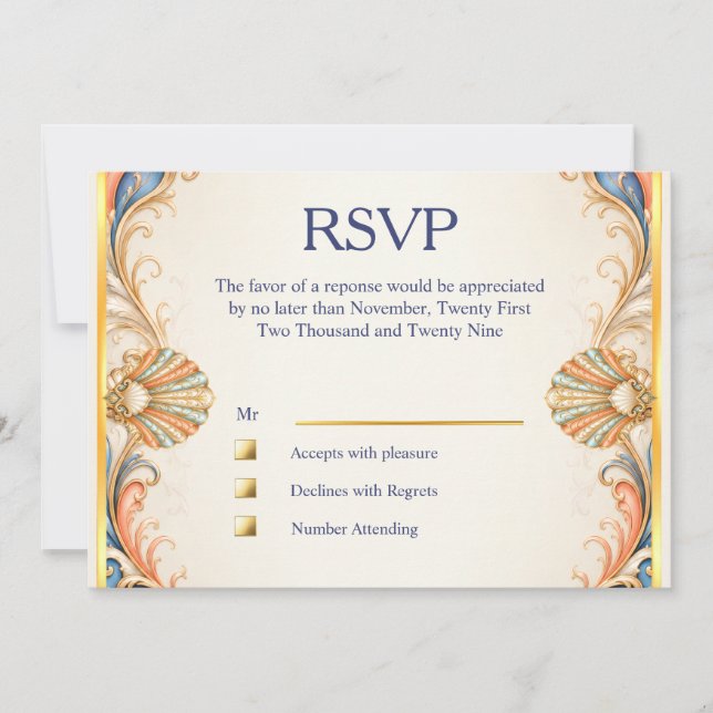 Coral Seashell Wedding Card Coastal Luxury (Front)