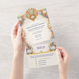 Coral Seashell Wedding Card Coastal Luxury
