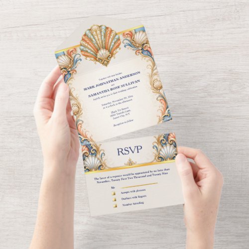 Coral Seashell Wedding Card Coastal Luxury