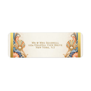 Coral seashell wedding rsvp vintage label