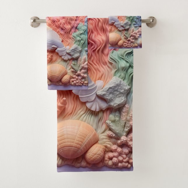 Coral, Seashells, Beach, Ocean Bath Towel Set (Insitu)