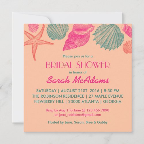 Coral Seashells Wedding Bridal Shower Invitation