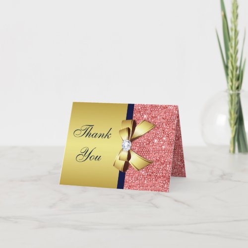 Coral Sequins Gold Navy Diamonds Bow Thank You
