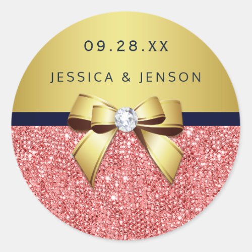 Coral Sequins Gold Navy Diamonds Bow Wedding Classic Round Sticker