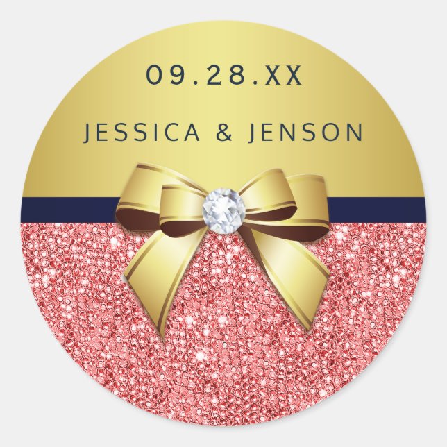Coral Sequins Gold Navy Diamonds Bow Wedding Classic Round Sticker (Front)