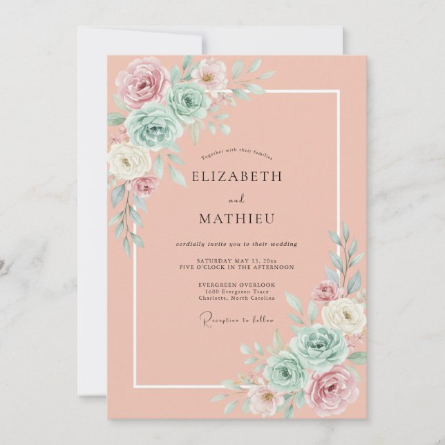 Coral Serene Spring Floral Wedding Invitation (Front)