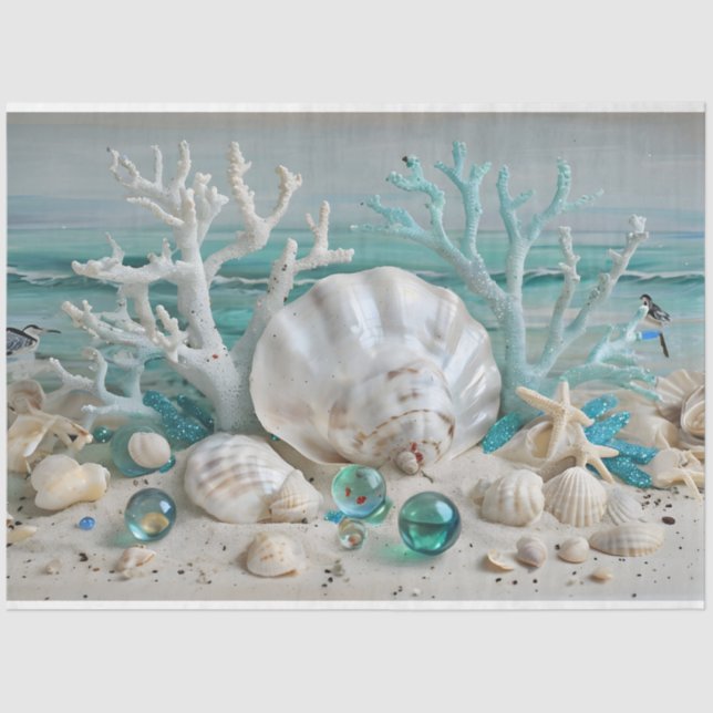 Coral & Shell Display Pastel Blues Tissue Paper (Front)