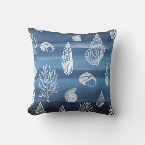 Coral Shells Blue White Outdoor Pillow