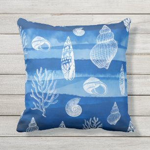 Coral Shells Blue White Outdoor Pillow