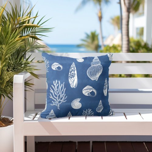 Coral Shells Blue White Outdoor Pillow