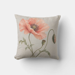 Coral Silk Poppy Warm Gray Botanical Watercolor Throw Pillow