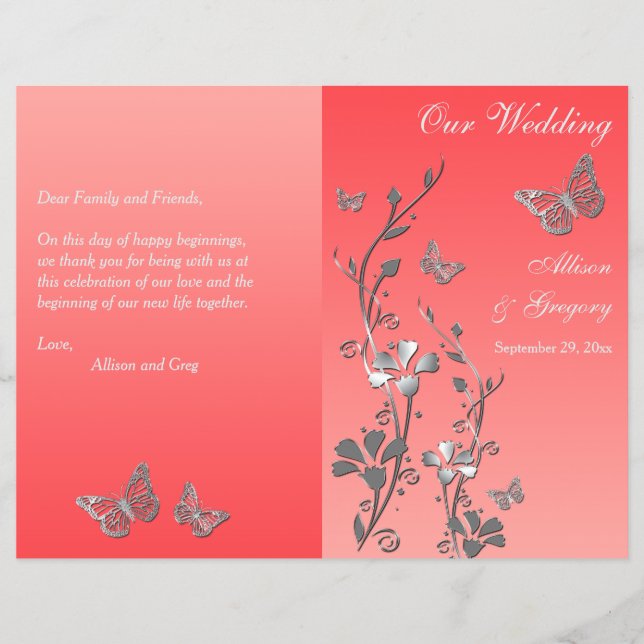 Coral Silver Butterfly Floral Wedding Program 2 (Front)
