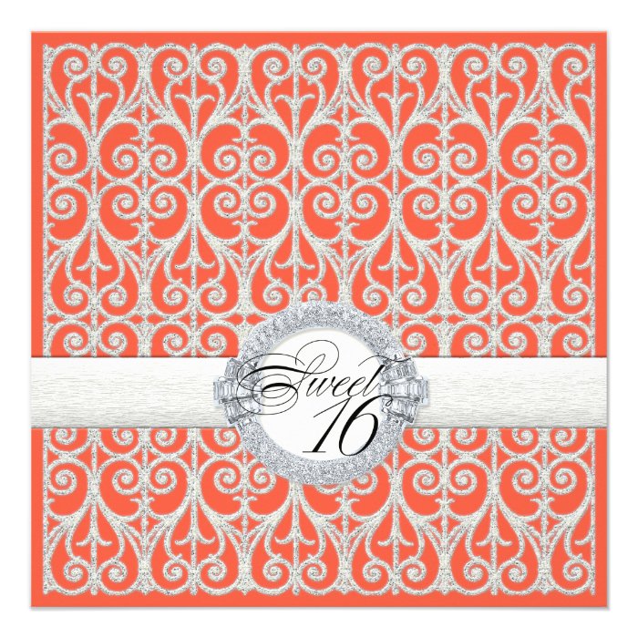 Coral & Silver Diamonds & Lace, Sweet Sixteen 16 Custom Invite