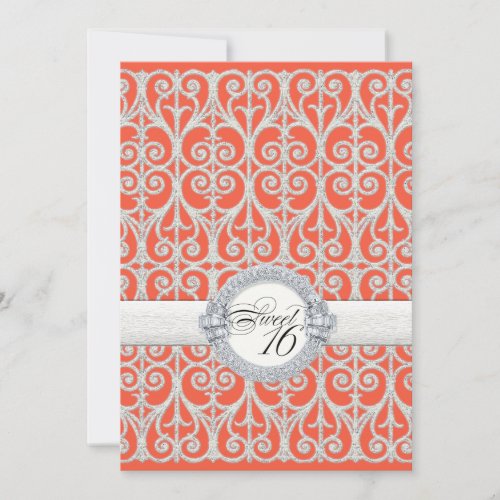 Coral  Silver Diamonds  Lace Sweet Sixteen 16 Invitation