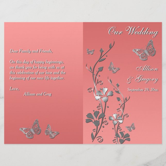 Coral Silver Gray Butterfly Floral Wedding Program (Front)