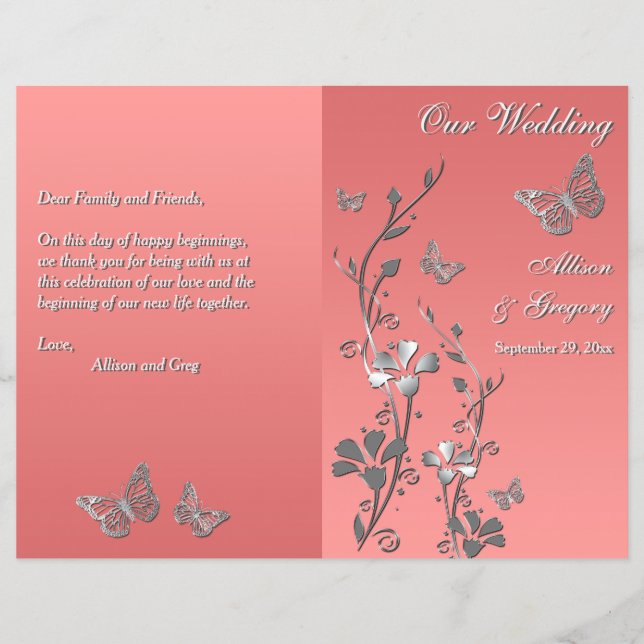 Coral Silver Gray Butterfly Floral Wedding Program (Front)