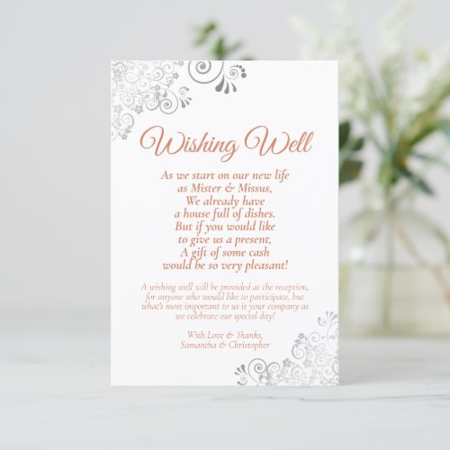 Coral  Silver on White Wedding Wishing Well Poem Enclosure Card