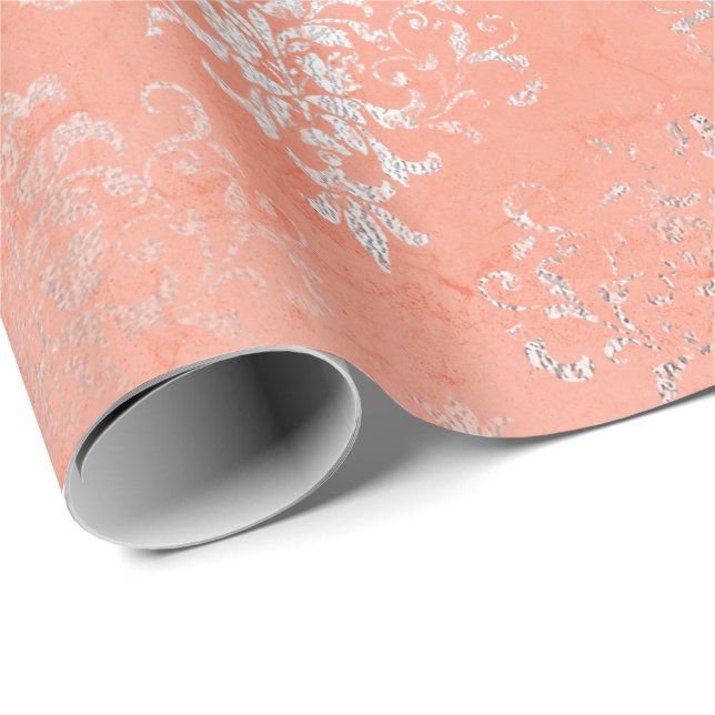 Coral Silver Peach Damask Antonietta Versaille Wrapping Paper (Roll Corner)